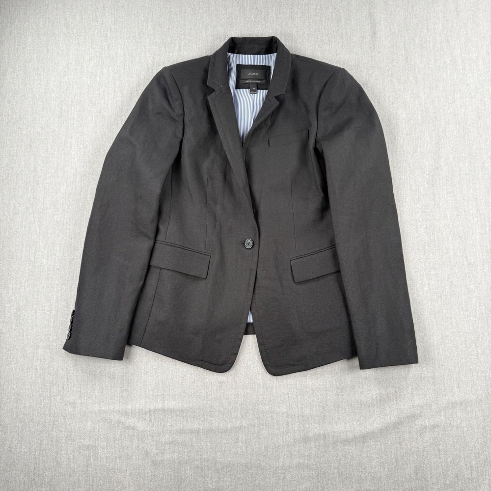 J.Crew Regent Blazer Black 100% Linen Striped Lining Sz 10 Single Button‎ Pocket